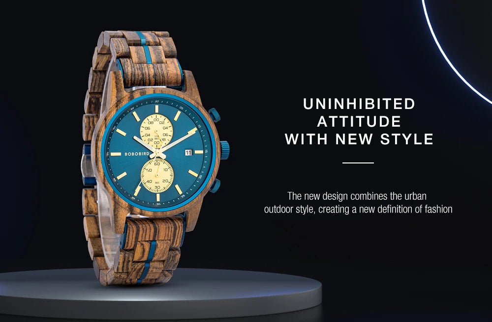 Themistocles Wooden Watch – Chronograph Quartz, Engraved & Date Display