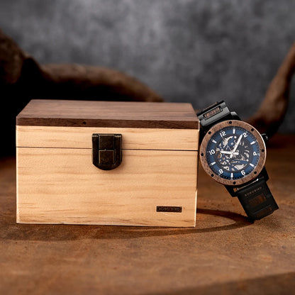 Heraclitus Wooden Watch – Mechanical Skeleton, Engraved Elegance & Luxury Gift