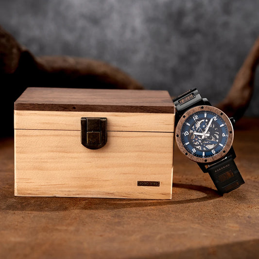 Heraclitus Wooden Watch – Mechanical Skeleton, Engraved Elegance & Luxury Gift