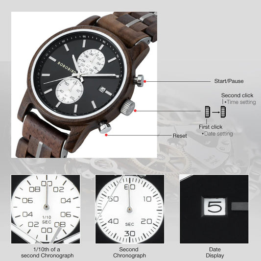 Themistocles Wooden Watch – Chronograph Quartz, Engraved & Date Display