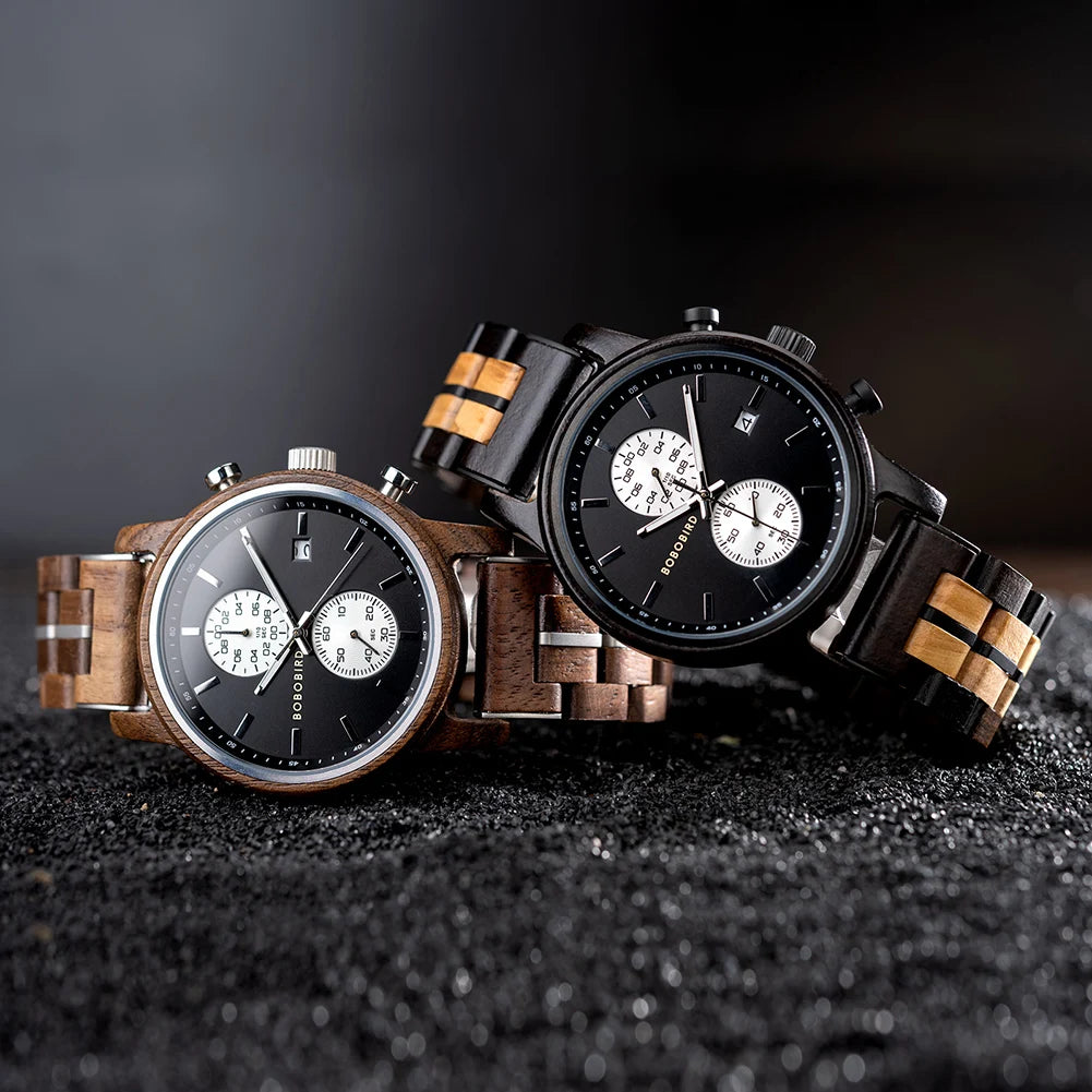 Themistocles Wooden Watch – Chronograph Quartz, Engraved & Date Display