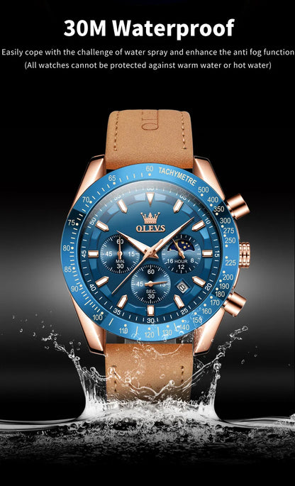 Odysseus Moonphase Watch – Brown Leather, Luminous Dial & Waterproof Design