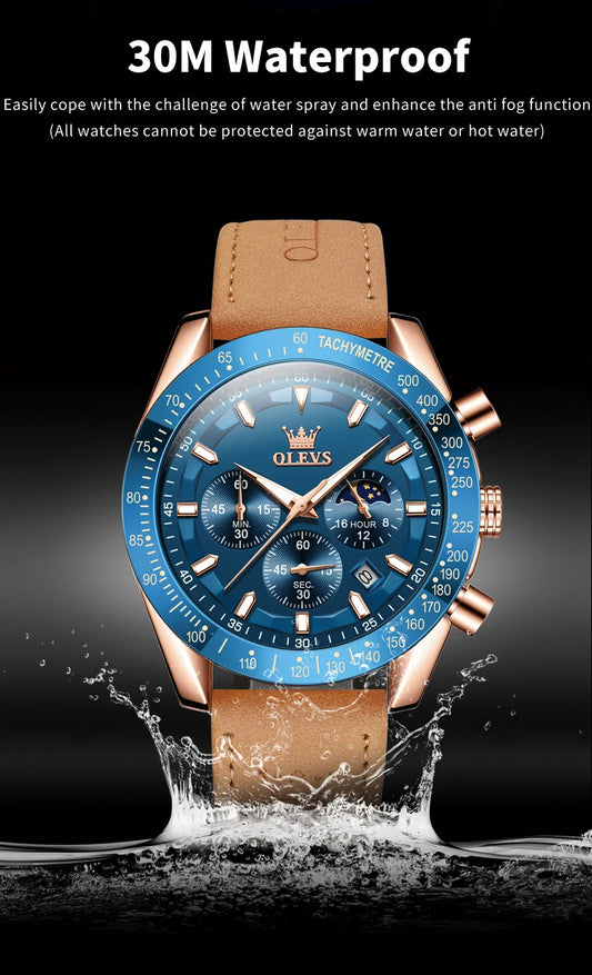 Odysseus Moonphase Watch – Brown Leather, Luminous Dial & Waterproof Design