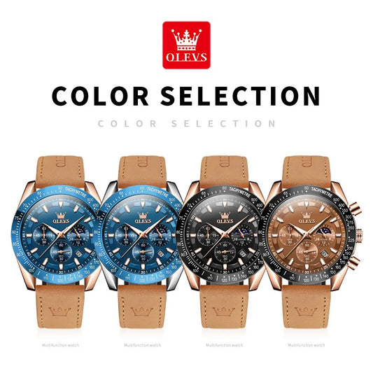 Odysseus Moonphase Watch – Brown Leather, Luminous Dial & Waterproof Design