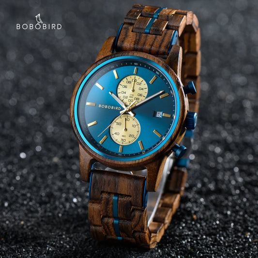 Themistocles Wooden Watch – Chronograph Quartz, Engraved & Date Display