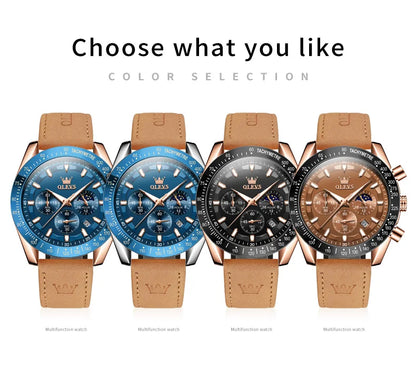 Odysseus Moonphase Watch – Brown Leather, Luminous Dial & Waterproof Design