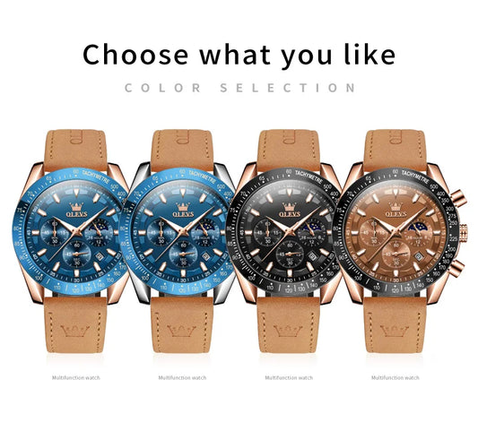 Odysseus Moonphase Watch – Brown Leather, Luminous Dial & Waterproof Design