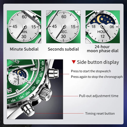 Hector Chrono Watch – Green Dial, Multifunctional & Waterproof Leather Design
