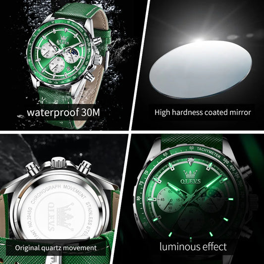 Hector Chrono Watch – Green Dial, Multifunctional & Waterproof Leather Design