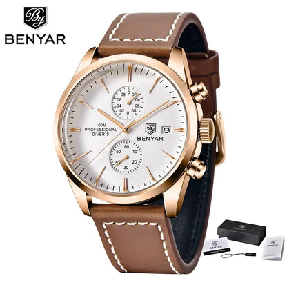 Hector Chrono Watch – 100M Waterproof, Leather Strap & Military Precision