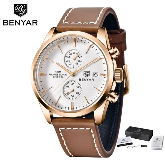 Hector Chrono Watch – 100M Waterproof, Leather Strap & Military Precision